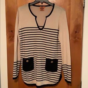 Tory Burch Navy and cream v neck striped tunic